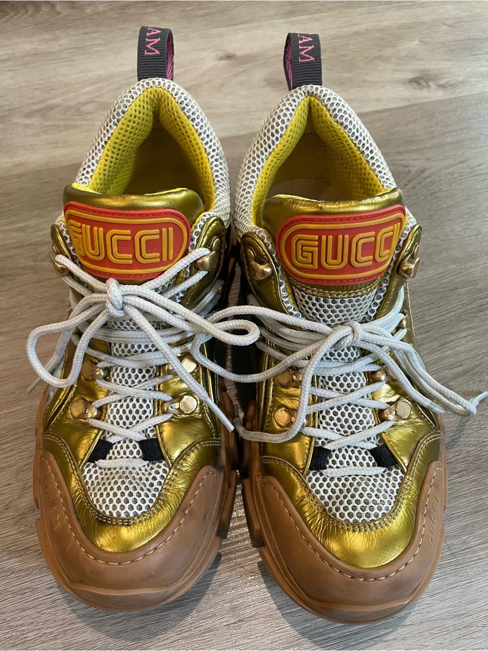 Gucci Metallic Gold, White & Tan Mesh Athletic Sneakers